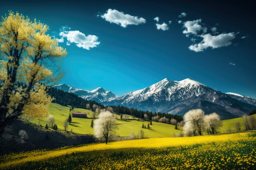 Spring landscape in the mountains with yellow flowers. I photo