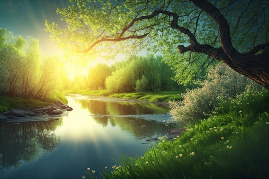 Spring scenery with the sun beautifully illuminating the river. photo