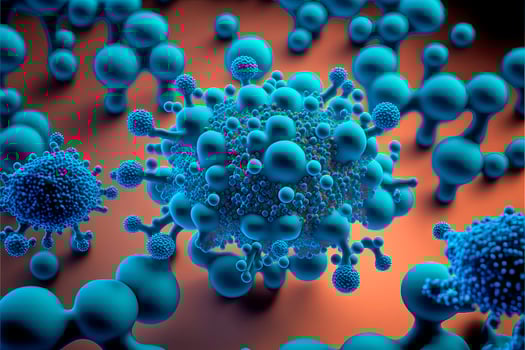 Close-up atoms virus cells blue color background. Chemical molecular structure. photo