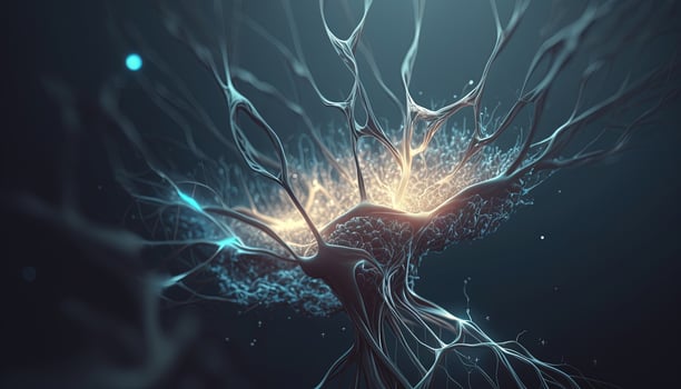 , Conceptual illustration of neuron cells with glowing link knots in abstract dark space, high resolution. Human nervous system photo