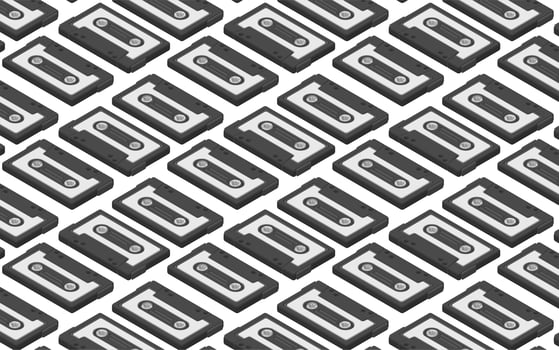 Music cassette tape isometric pattern on background. flatlay vintage analog song tape record. mix tape retro. Audio cassette tape isolated. Old music retro player. 80s, 90s blank mix. photo
