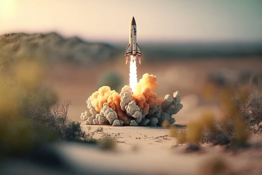 , Rocket launch from the ground, mountains. Illustration concept of business product on a market, startup, photorealistic tilt shift horizontal banner. photo