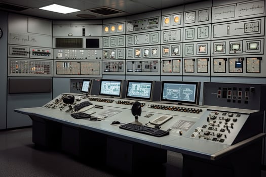 Central control panel. Operator workplace with a lot of screens and buttons for monitoring technology process at production line. Created with photo