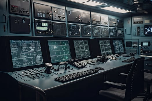 Central control panel. Operator workplace with a lot of screens and buttons for monitoring technology process at production line. Created with photo