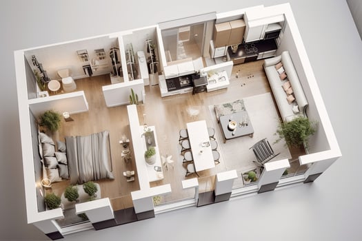 Apartment visualization, design project. Architectural plan for renovation. Living room interior, top view. Created with photo