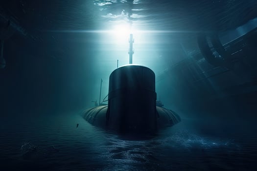 Military submarine in the sea. Floating vessel under water. Created with photo