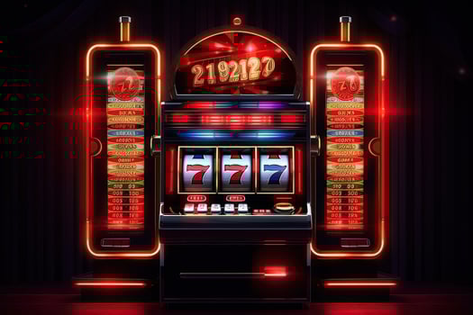 Casino slot machine with winning combination. Gambling addiction. Casino games concept. Lucky one handed bandit. Created with photo