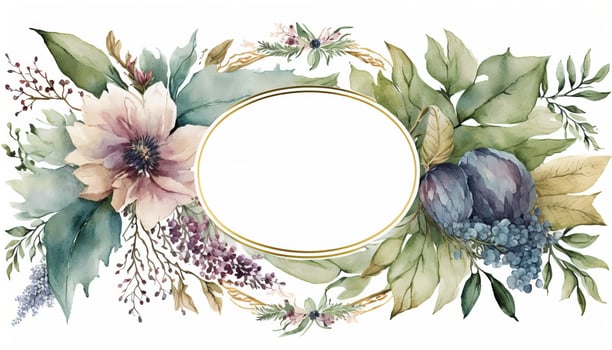 , Watercolor frame with spring flowers, hand drawn art style with place for text. Greeting, birthday and other holiday, wedding invitation concept photo