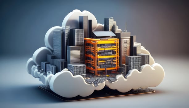 Cloud computing concept. front view. Smart city wireless internet communication with cloud storage, cloud services. Created with photo