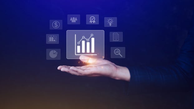 Big data analytics and business intelligence BI concept with chart and graph icons on digital screen interface and business people in the background. photo