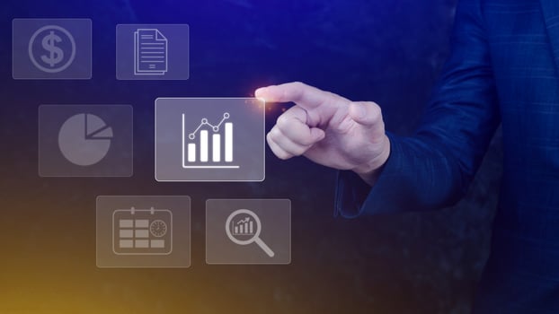 Big data analytics and business intelligence BI concept with chart and graph icons on digital screen interface and business people in the background. photo