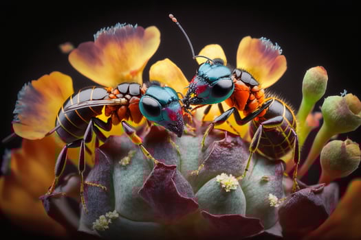Close up Realistic Ants finding food over colorful flowers. Created with photo