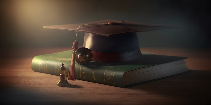 Graduation cap and diploma on library table, photo