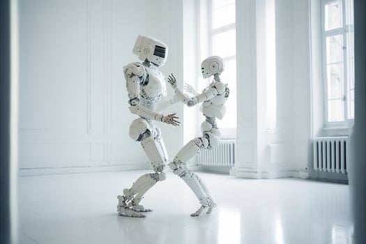 Two robots dancing. Couple, love. Artificial intelligence, digital technology. Digital smart world metaverse. Futuristic lovers. Humanoide, cyborg. . photo