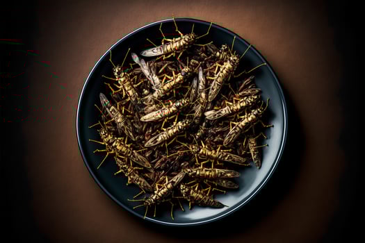 Fried edible insects on a plate. Crickets as snack, good source of protein. Entomophagy, insectivory concept. . photo