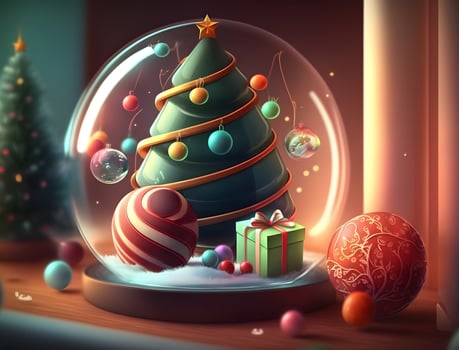 Christmas and New Year Illustration.Candy cane from cookies, golden gifts box, Pine . Glass Balls hanging on the ribbon. photo