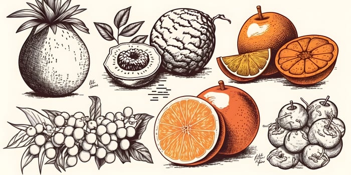 Doodle fruits Background. Natural tropical fruit, doodles citrus orange, grape, guava, banana, pear, and vitamin lemon. Organic fruits or vegetarian food. photo