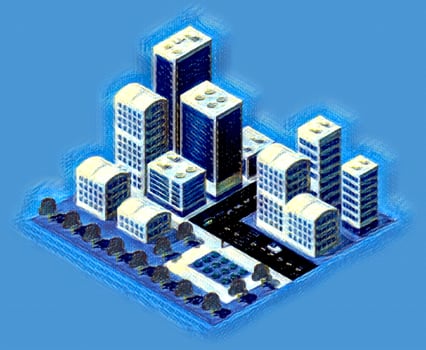 Isometric art 3D illustrations of urban scenes are provided, showing skyscrapers, streets, trees, and cars. Architecture, home construction, photo
