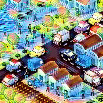 Isometric 3D illustrations of urban scenes are provided, showing skyscrapers, streets, trees, and cars. Architecture, home construction, photo