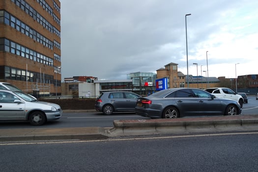 Low Angle View of Downtown City Center of British City London Luton Town of England UK. The Image Was Captured at Central Luton  City During a Cold and Cloudy Evening of 26-March-2023 photo
