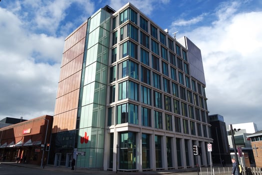 Low Angle View of Downtown City Center of British City London Luton Town of England UK. The Image Was Captured at Central Luton  City During a Cold and Cloudy Evening of 26-March-2023 photo