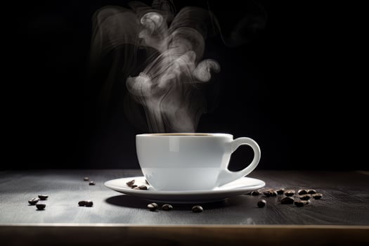 a cup of hot coffee and coffee beans, photo