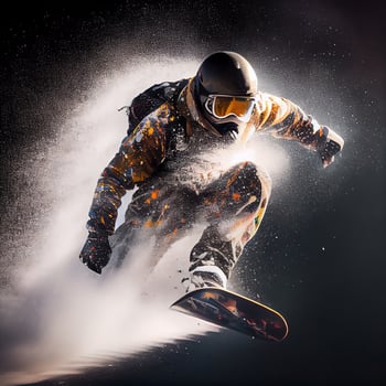 Man in ski goggles rides a snowboard from a snowy mountain. Illustration photo