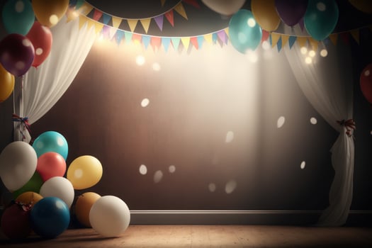 Festive party with balloons, stage and garlands. Illustration photo