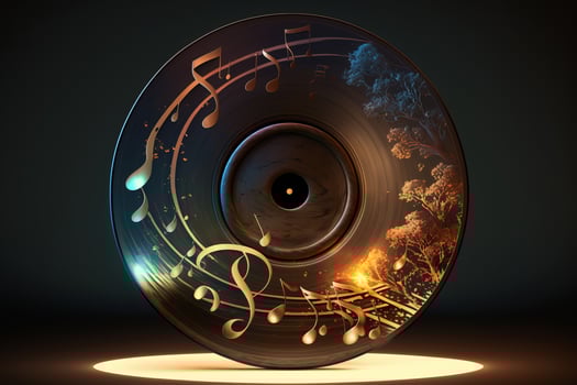 Colorful music notes background with sheet music, disc and treble clef. Illustration photo