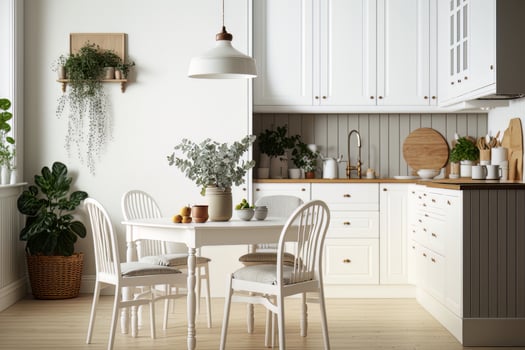 Scandinavian classic white kitchen with wooden details. Illustration photo