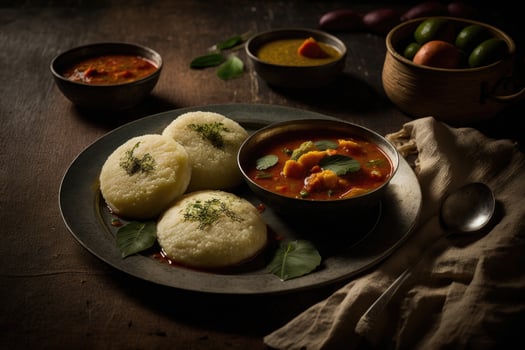 Idli sambar or Idli with sambhar and green red chutney Illustration photo