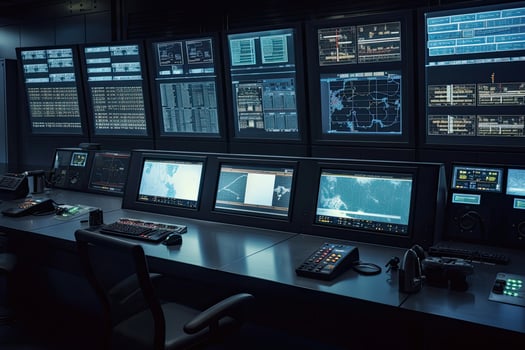 Central control panel. Operator workplace with a lot of screens and buttons for monitoring technology process at production line. Created with photo
