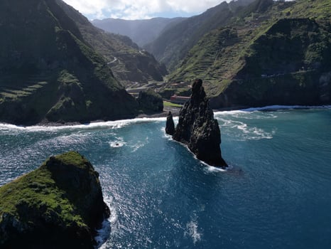 Aerial view at the Ilheus da Ribeira da Janela, rocks in ocean on Madeira island, Portugal photo