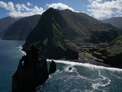 Aerial view at the Ilheus da Ribeira da Janela, rocks in ocean on Madeira island, Portugal photo