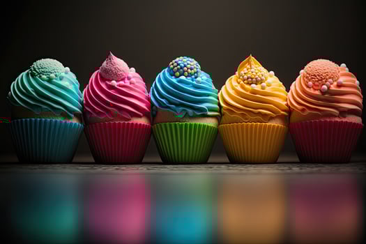 Row of colorful cupcakes in rainbow colors. Illustration photo