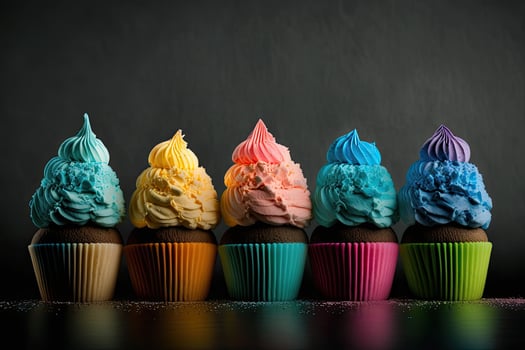 Row of colorful cupcakes in rainbow colors. Illustration photo