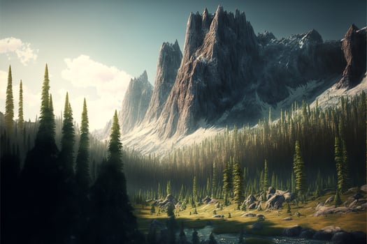 Landscape with forest, mountain and sky with clouds. AI photo