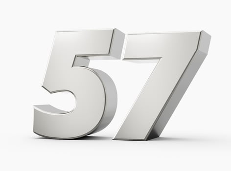 3d Shiny Silver Number 57 Fifty Seven 3d Silver Number Isolated On White Background, 3d illustration photo