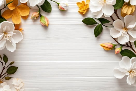 Spring flowers over white wooden background with copy space text area. photo