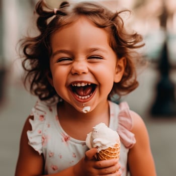 Photo of a cute little girl laughing and eating ice cream . World Laughter Day