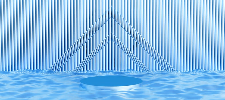 Blue cylinder podium with decorative pool water texture.  Stand to show products. Modern pedestal display with copy space. Banner size. Website cover template. 3D rendering. photo