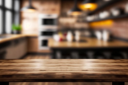 Wooden top table with kitchen blur background. photo