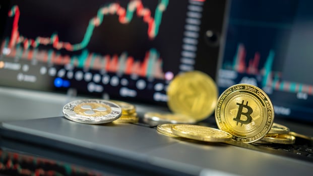 Bitcoin gold coin and on chart background. Virtual cryptocurrency concept. digital crypto currency for defi decentralized financial banking p2p exchange investment via internet online technology photo