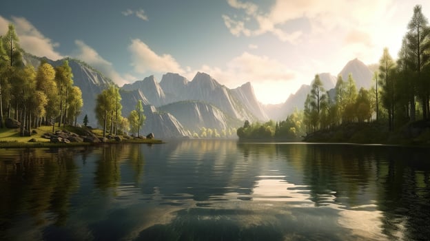 Beautiful landscape with mountain lake and reflection in water photo