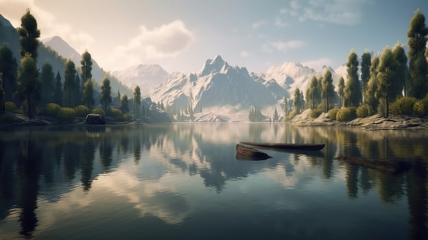 Beautiful landscape with mountain lake and reflection in water photo