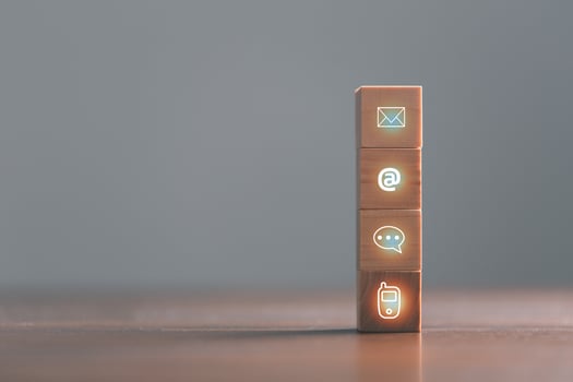 Website page contact us or e-mail marketing concept, Customer support hotline Contact us people connection. cube wood with email, call phone, address, Chat message icons. banner with copy space. photo