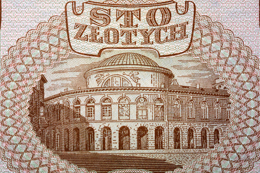 The building of the Polish Bank in Warsaw from old money photo