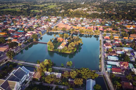 Aerial view of Ancient Buddha statue at temple in Sukhothai Historical Park, Thailand. photo