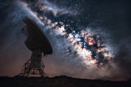 Radio telescope at starry night with milky way galaxy. Antenna for of space signals research. Space observatory. Created with photo