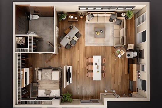 Apartment visualization, design project. Architectural plan for renovation. Living room interior, top view. Created with photo